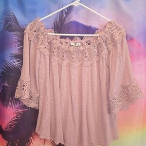 Lace Trim Off-Shoulder Top - Pink